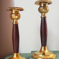 Set of two vintage candlestick holders | Gold plated candle holders | Vintage gold and wood candle holders | Made in England