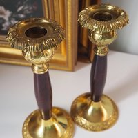 Set of two vintage candlestick holders | Gold plated candle holders | Vintage gold and wood candle holders | Made in England