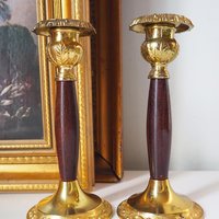 Set of two vintage candlestick holders | Gold plated candle holders | Vintage gold and wood candle holders | Made in England