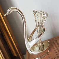 Vintage teaspoon set with swan holder | Vintage silver plated spoons | Silver plated spoons with spoon holder | Swan spoon holder