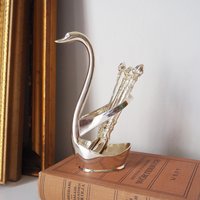 Vintage teaspoon set with swan holder | Vintage silver plated spoons | Silver plated spoons with spoon holder | Swan spoon holder