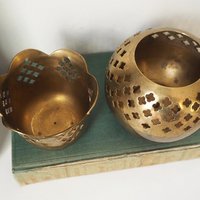 Set of two vintage tealight candle holders | Brass tealight candleholders | Vintage brass votive candleholders | Mismatched tealight holders