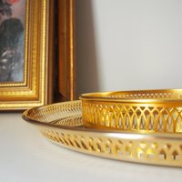 Set of two vintage gold plated trays | Scandia Guld trays | Vintage trays with a raised edge | Gold plated serving trays with a cutout rim