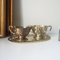 Vintage creamer and sugar bowl set | Vintage silver plated creamer and sugar set | Vintage creamer and sugar bowl set