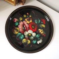 Vintage floral metal tray | Handpainted floral tray | Vintage floral tray | Vintage Zhostovo tray | Round floral metal tray