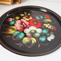 Vintage floral metal tray | Handpainted floral tray | Vintage floral tray | Vintage Zhostovo tray | Round floral metal tray