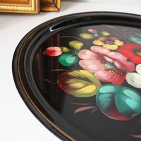 Vintage floral metal tray | Handpainted floral tray | Vintage floral tray | Vintage Zhostovo tray | Round floral metal tray