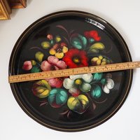 Vintage floral metal tray | Handpainted floral tray | Vintage floral tray | Vintage Zhostovo tray | Round floral metal tray