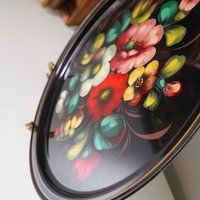 Vintage floral metal tray | Handpainted floral tray | Vintage floral tray | Vintage Zhostovo tray | Round floral metal tray