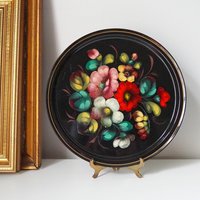 Vintage floral metal tray | Handpainted floral tray | Vintage floral tray | Vintage Zhostovo tray | Round floral metal tray