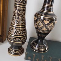 Set of two vintage vases | Brass vases | Mismatched vintage vases | Etched brass and black vases | Vintage brass vase set