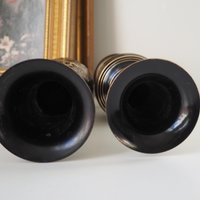 Set of two vintage vases | Brass vases | Mismatched vintage vases | Etched brass and black vases | Vintage brass vase set