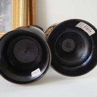Set of two vintage vases | Brass vases | Mismatched vintage vases | Etched brass and black vases | Vintage brass vase set