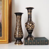 Set of two vintage vases | Brass vases | Mismatched vintage vases | Etched brass and black vases | Vintage brass vase set
