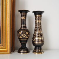 Set of two vintage vases | Brass vases | Mismatched vintage vases | Etched brass and black vases | Vintage brass vase set