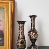 Set of two vintage vases | Brass vases | Mismatched vintage vases | Etched brass and black vases | Vintage brass vase set