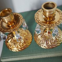 Vintage candlestick holder pair | Gold plated crystal candlestick holders | Ornate candlestick holders | Crystal candlestick holders