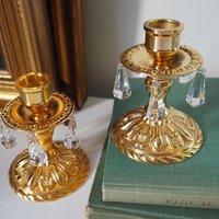 Vintage candlestick holder pair | Gold plated crystal candlestick holders | Ornate candlestick holders | Crystal candlestick holders