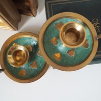 Set of two vintage chamber candlestick holders | Chamber candlestick holders | Vintage brass candleholders | Enamelled brass candle holders
