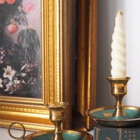 Set of two vintage chamber candlestick holders | Chamber candlestick holders | Vintage brass candleholders | Enamelled brass candle holders