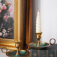 Set of two vintage chamber candlestick holders | Chamber candlestick holders | Vintage brass candleholders | Enamelled brass candle holders