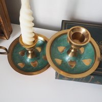 Set of two vintage chamber candlestick holders | Chamber candlestick holders | Vintage brass candleholders | Enamelled brass candle holders