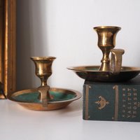 Set of two vintage chamber candlestick holders | Chamber candlestick holders | Vintage brass candleholders | Enamelled brass candle holders