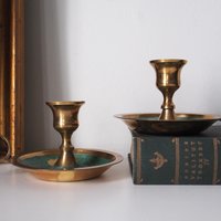 Set of two vintage chamber candlestick holders | Chamber candlestick holders | Vintage brass candleholders | Enamelled brass candle holders