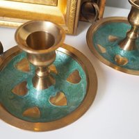 Set of two vintage chamber candlestick holders | Chamber candlestick holders | Vintage brass candleholders | Enamelled brass candle holders