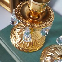 Vintage candlestick holder pair | Gold plated crystal candlestick holders | Ornate candlestick holders | Crystal candlestick holders