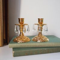Vintage candlestick holder pair | Gold plated crystal candlestick holders | Ornate candlestick holders | Crystal candlestick holders