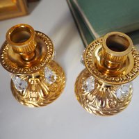 Vintage candlestick holder pair | Gold plated crystal candlestick holders | Ornate candlestick holders | Crystal candlestick holders