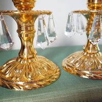 Vintage candlestick holder pair | Gold plated crystal candlestick holders | Ornate candlestick holders | Crystal candlestick holders