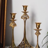 Set of three vintage candlestick holders | Brass candlestick holders | Tall brass candlestick holders | Mismatched candlestick holders