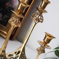 Set of three vintage candlestick holders | Brass candlestick holders | Tall brass candlestick holders | Mismatched candlestick holders