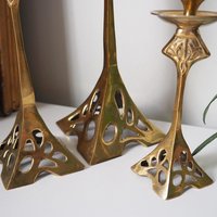 Set of three vintage candlestick holders | Brass candlestick holders | Tall brass candlestick holders | Mismatched candlestick holders