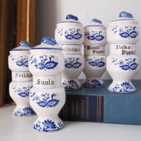 Set of five vintage ceramic spice jars | Blue Onion spice jars | Vintage ceramic spice jars | Blue and white spice jars | Made in Japan