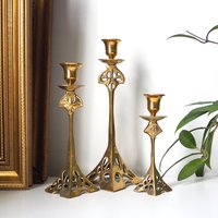 Set of three vintage candlestick holders | Brass candlestick holders | Tall brass candlestick holders | Mismatched candlestick holders