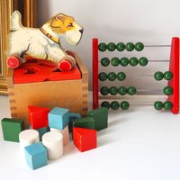 Vintage wooden toy set | Vintage children's abacus | Wooden shape sorter | Vintage wooden blocks | Vintage wooden dog | Vintage wooden toys