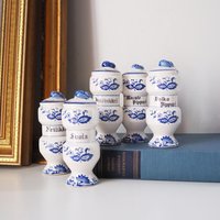 Set of five vintage ceramic spice jars | Blue Onion spice jars | Vintage ceramic spice jars | Blue and white spice jars | Made in Japan