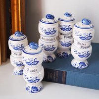 Set of five vintage ceramic spice jars | Blue Onion spice jars | Vintage ceramic spice jars | Blue and white spice jars | Made in Japan