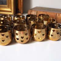 Set of twelve vintage tealight candle holders | Heart tealight candleholders | Vintage brass votive candleholders | Brass tealight holders