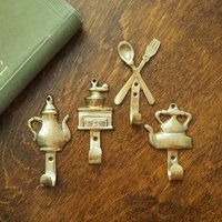 Vintage brass wall hooks | Set of four brass wall hooks | Small brass wall hooks | Kitchen wall hooks | Mismatched brass wall hooks