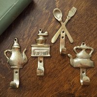 Vintage brass wall hooks | Set of four brass wall hooks | Small brass wall hooks | Kitchen wall hooks | Mismatched brass wall hooks