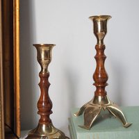 Pair of vintage candlestick holders | Brass and wood candlesticks | Vintage brass and wood candlestick holders