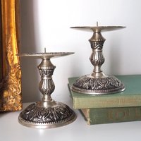Set of two vintage candle holders | Silver tone candle holders | Matching candle holders | Vintage candle holders | Pillar candle holders
