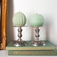 Set of two vintage candle holders | Silver tone candle holders | Matching candle holders | Vintage candle holders | Pillar candle holders