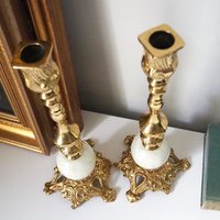 Set of two vintage candlestick holders | Gold and onyx marble candle holders | Tall candlestick holders | Matching candle holders