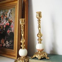 Set of two vintage candlestick holders | Gold and onyx marble candle holders | Tall candlestick holders | Matching candle holders