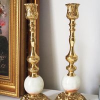 Set of two vintage candlestick holders | Gold and onyx marble candle holders | Tall candlestick holders | Matching candle holders